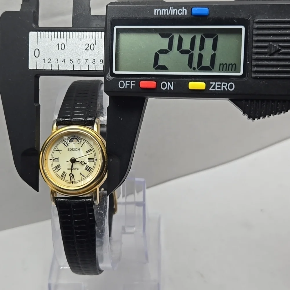 Womens Vintage Edison Moon Phase MOP 24mm Quartz Watch Gold Black New Battery